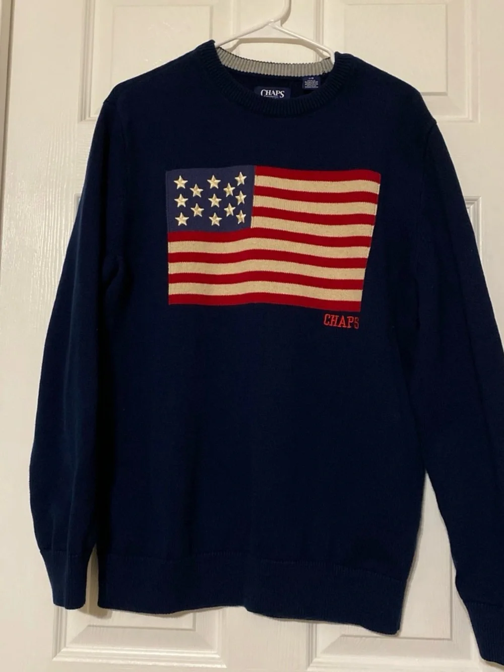Chaps Men's Navy Sweater with Red, White & Blue Flag Graphic